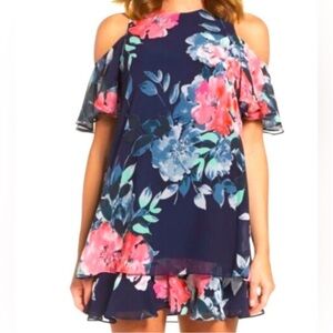 Eliza J Navy Floral Cold Shoulder
Flutter Sleeve Dress Size 4 Tiered A-line
